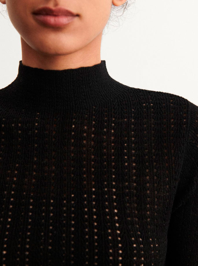 Fub - Højhalset Pointelle Bluse Sort