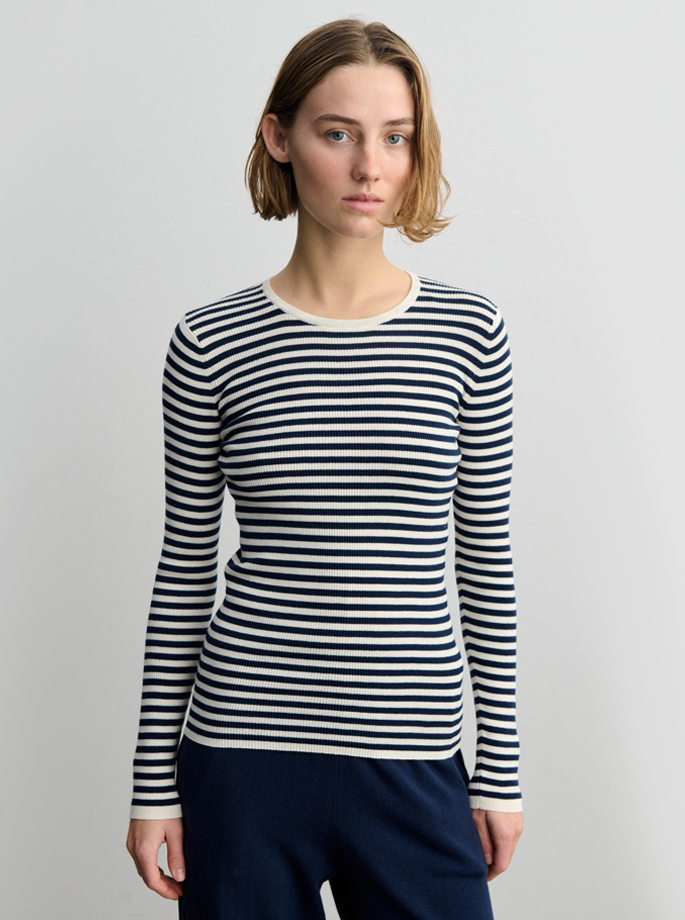 Fub - Stribet Rib Bluse Ecru/Dark Navy