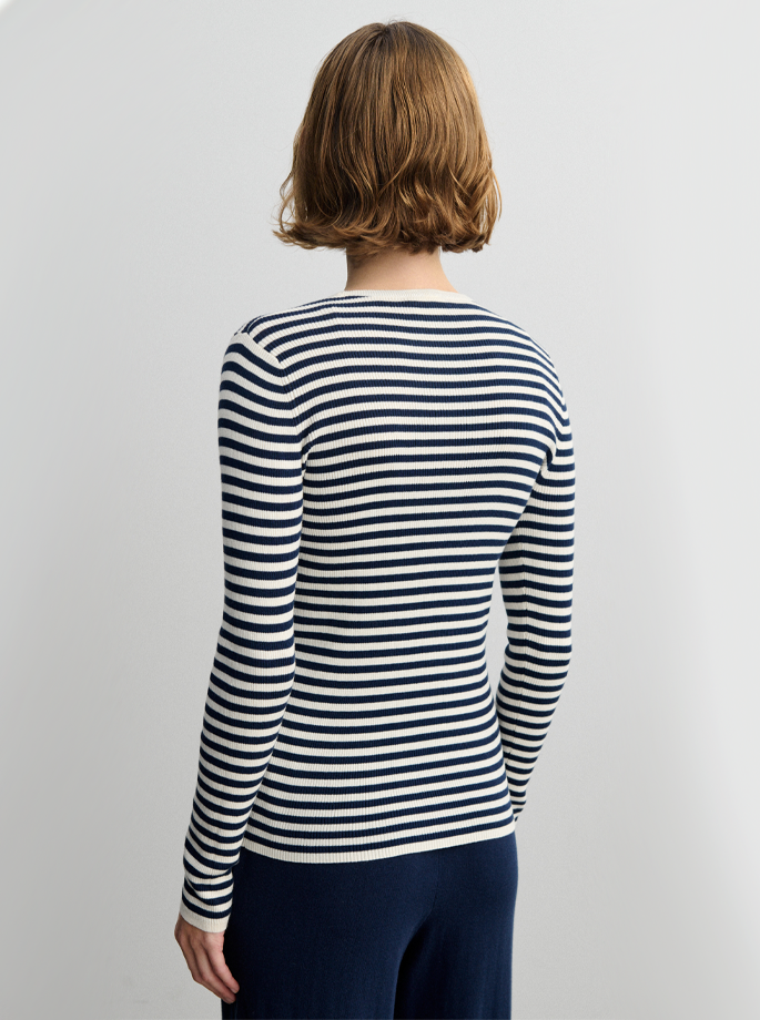 Fub - Stribet Rib Bluse Ecru/Dark Navy