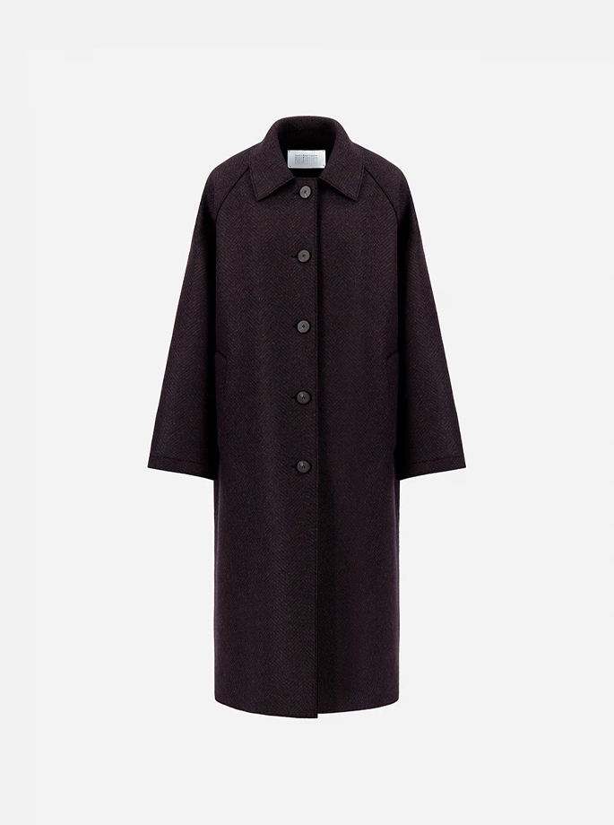 Harris Wharf - Balmacaan Patterned Cashmere Frakke Brown Blue Herringbone