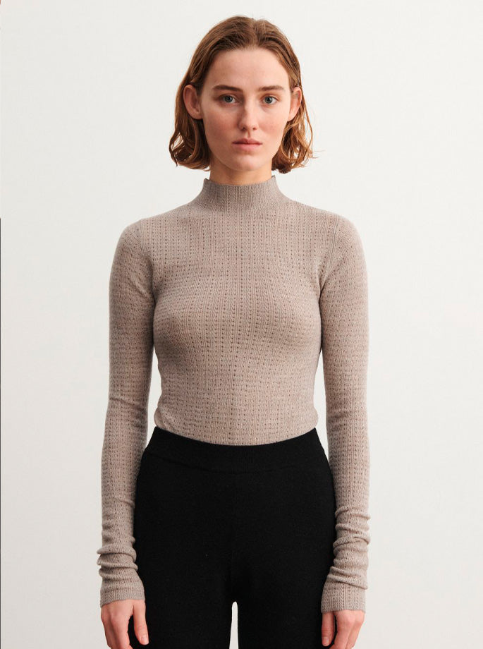 Fub - Højhalset Pointelle Bluse Oat Melange