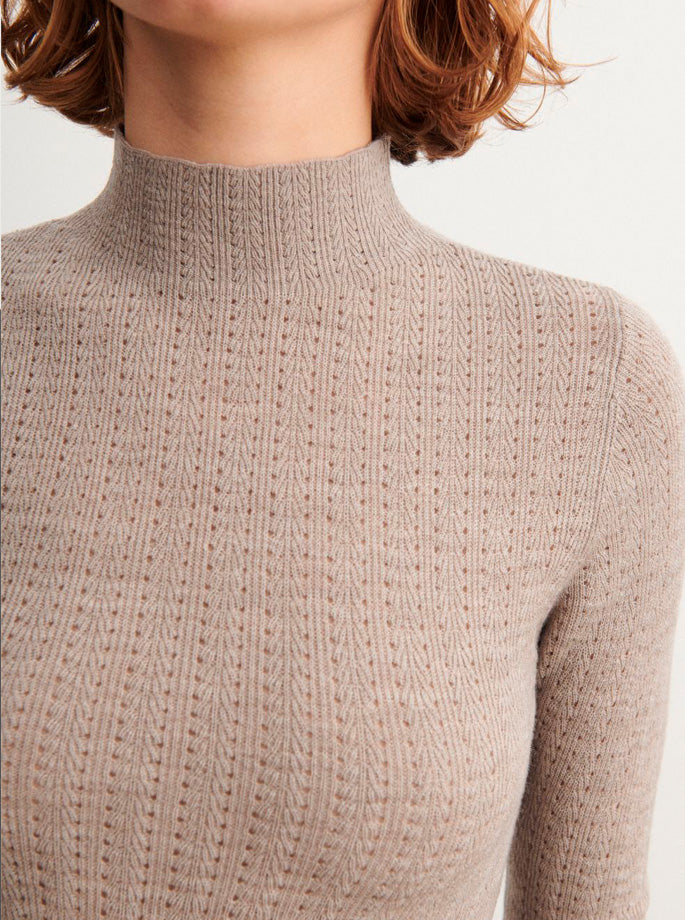 Fub - Højhalset Pointelle Bluse Oat Melange